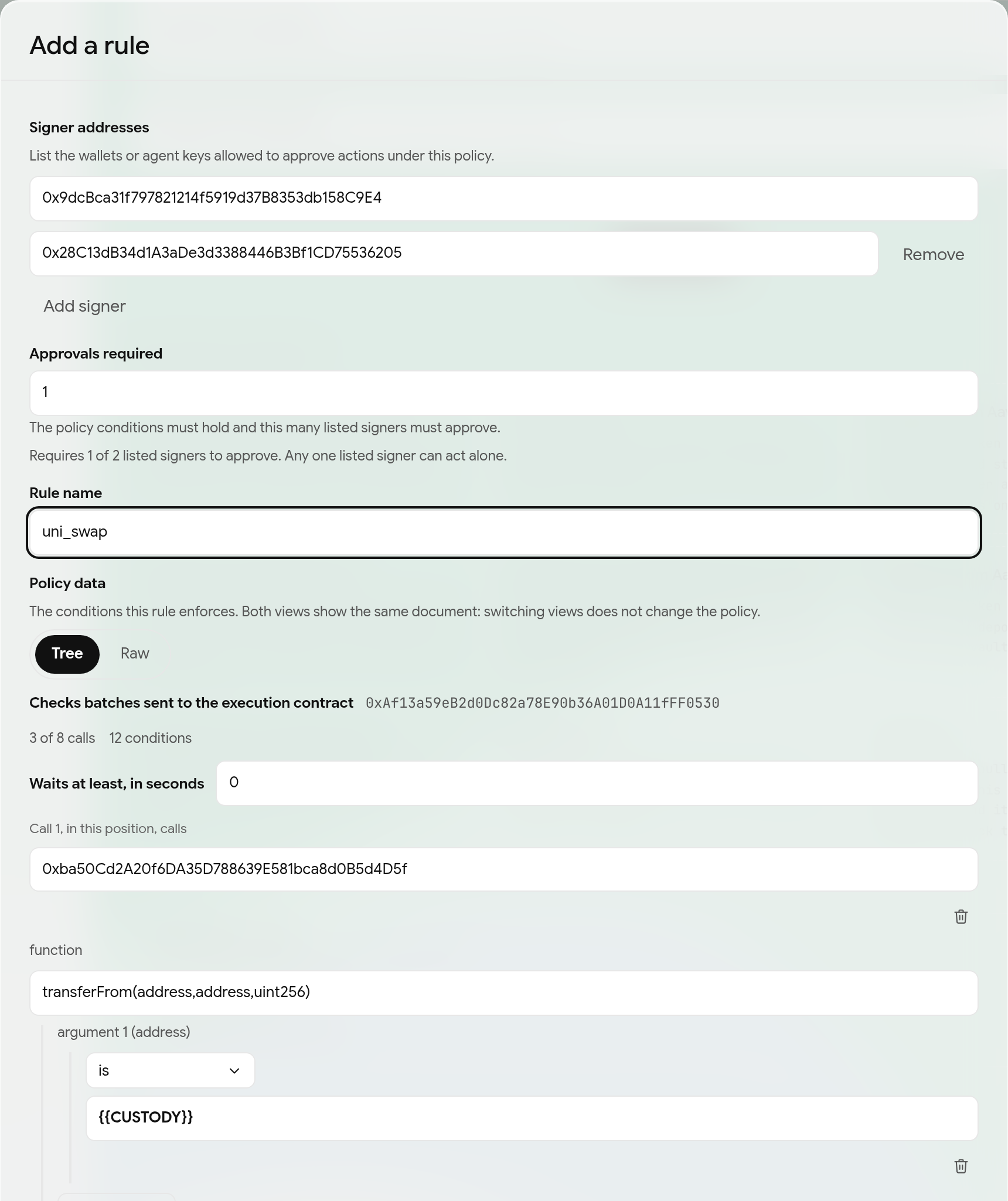 Add a rule, with the policy tree for a three-call swap