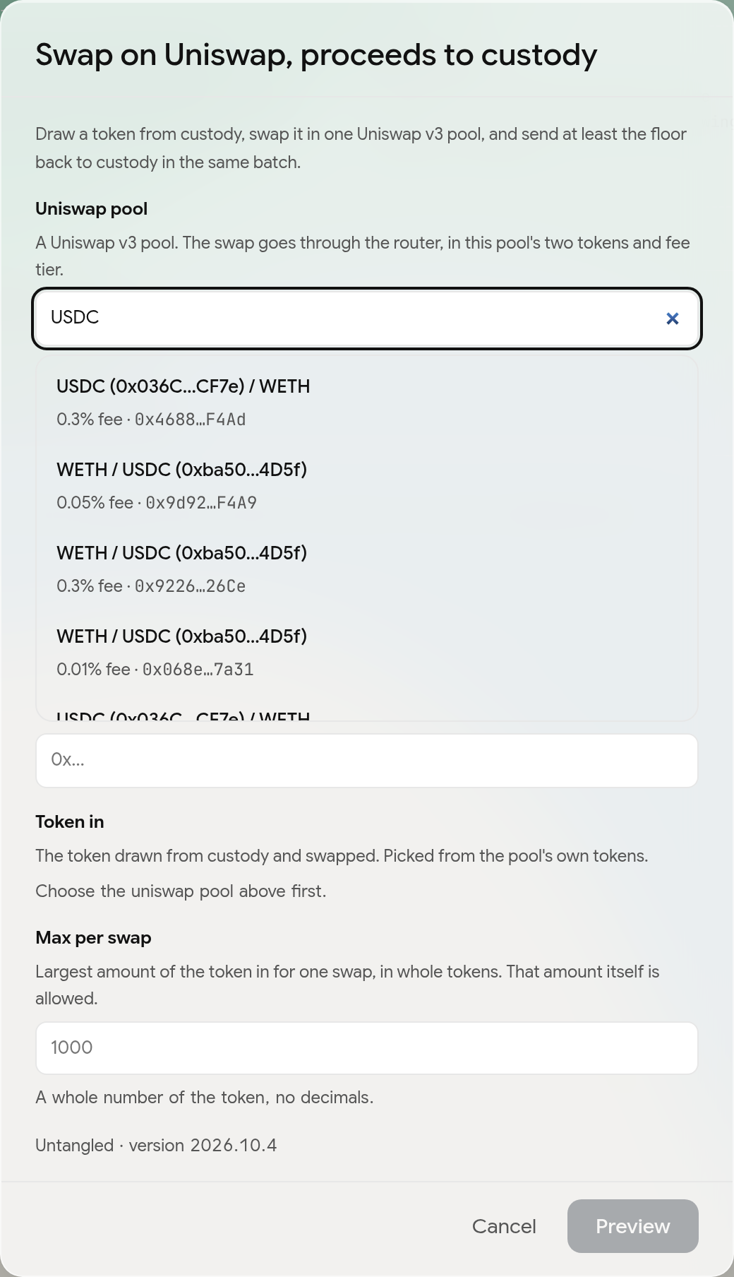 The Uniswap template builder with the pool search