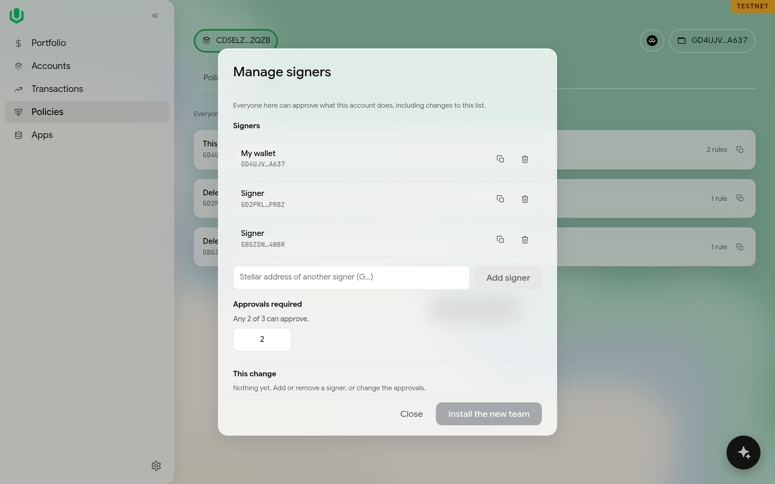 The Manage signers dialog