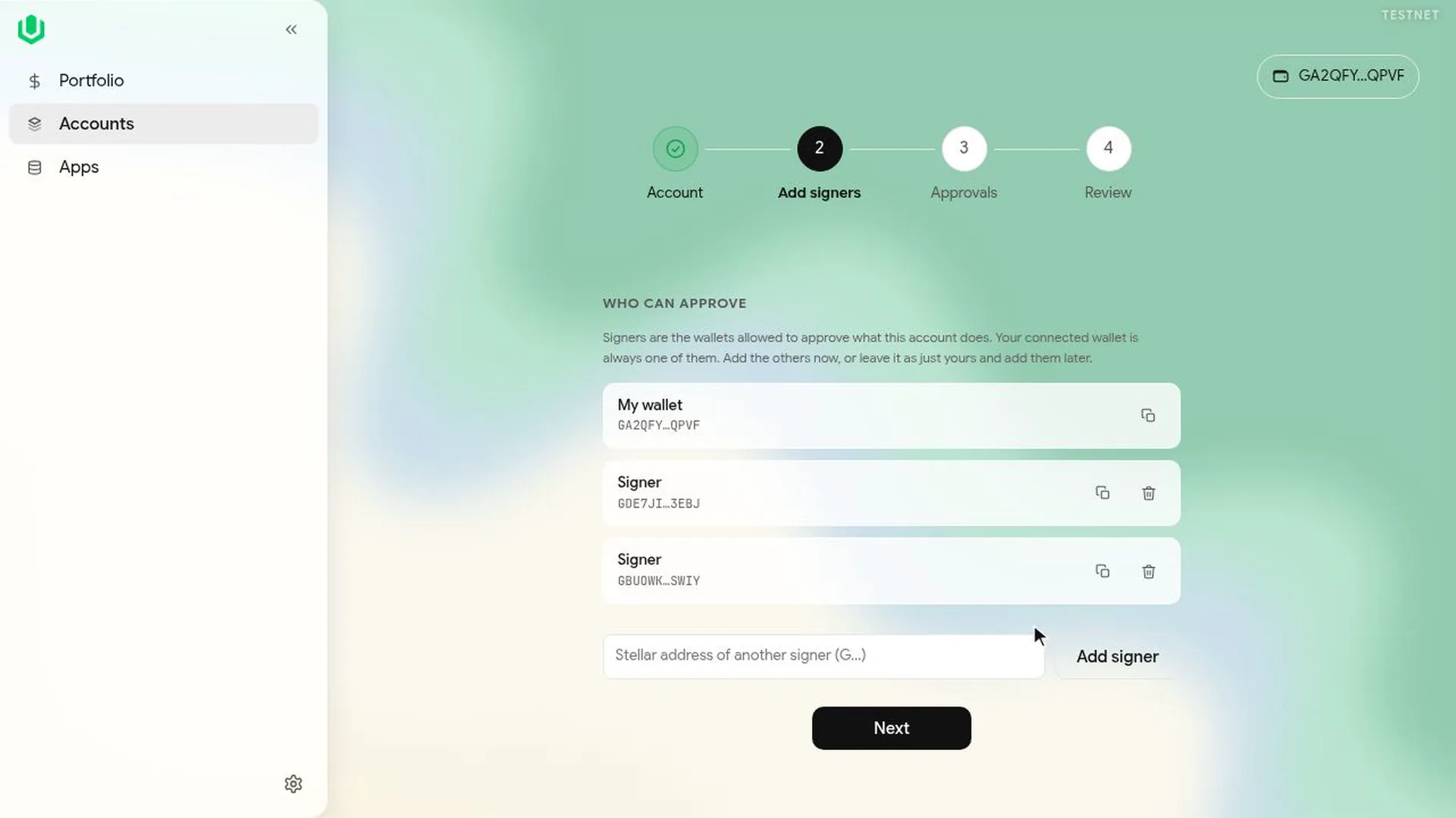 The Add signers step