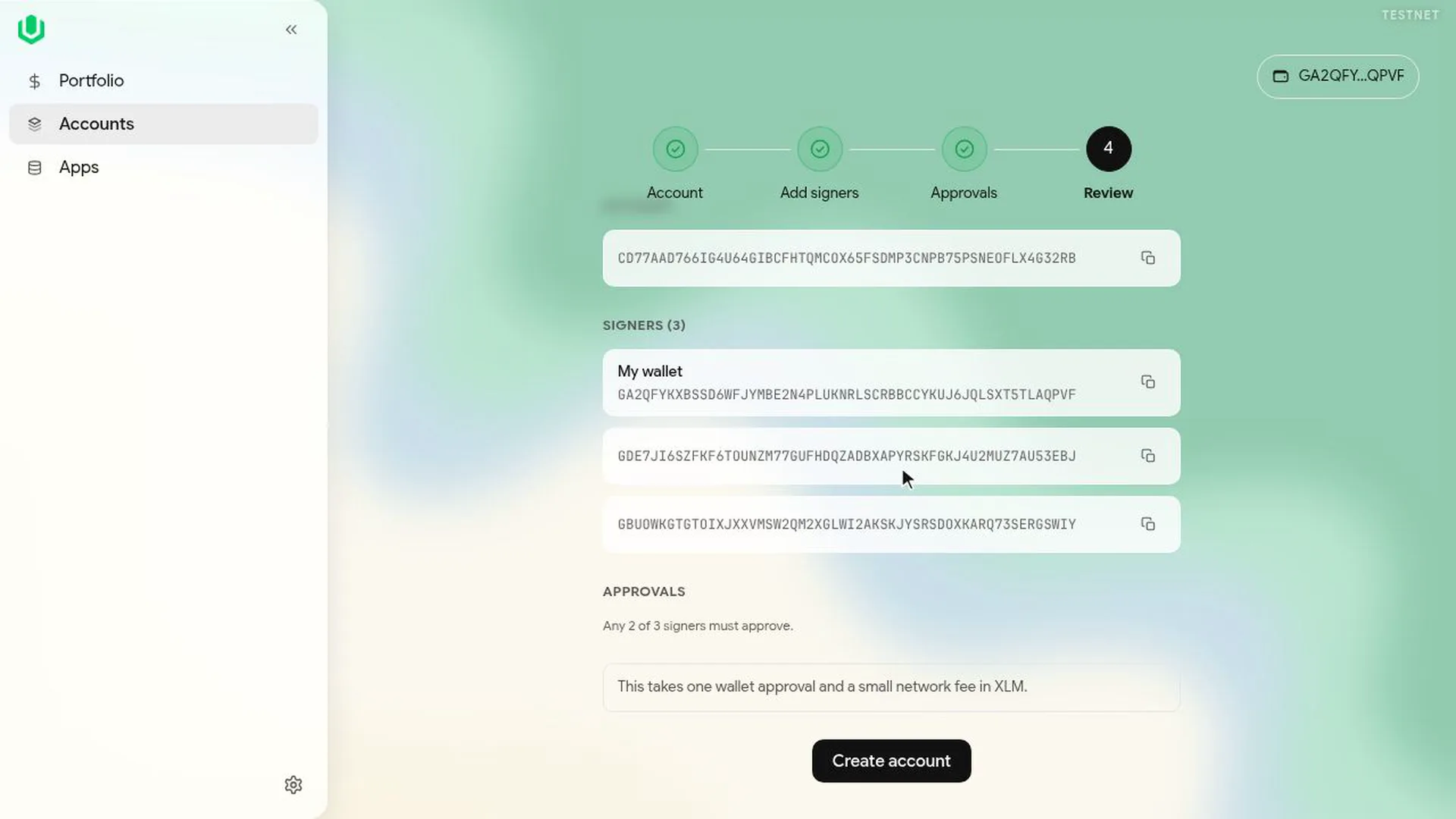 The Review step for a 2 of 3 account