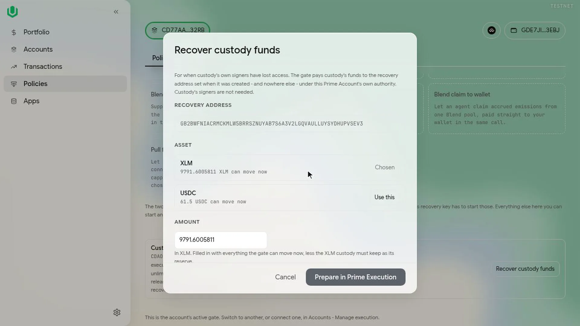 The Recover custody funds dialog