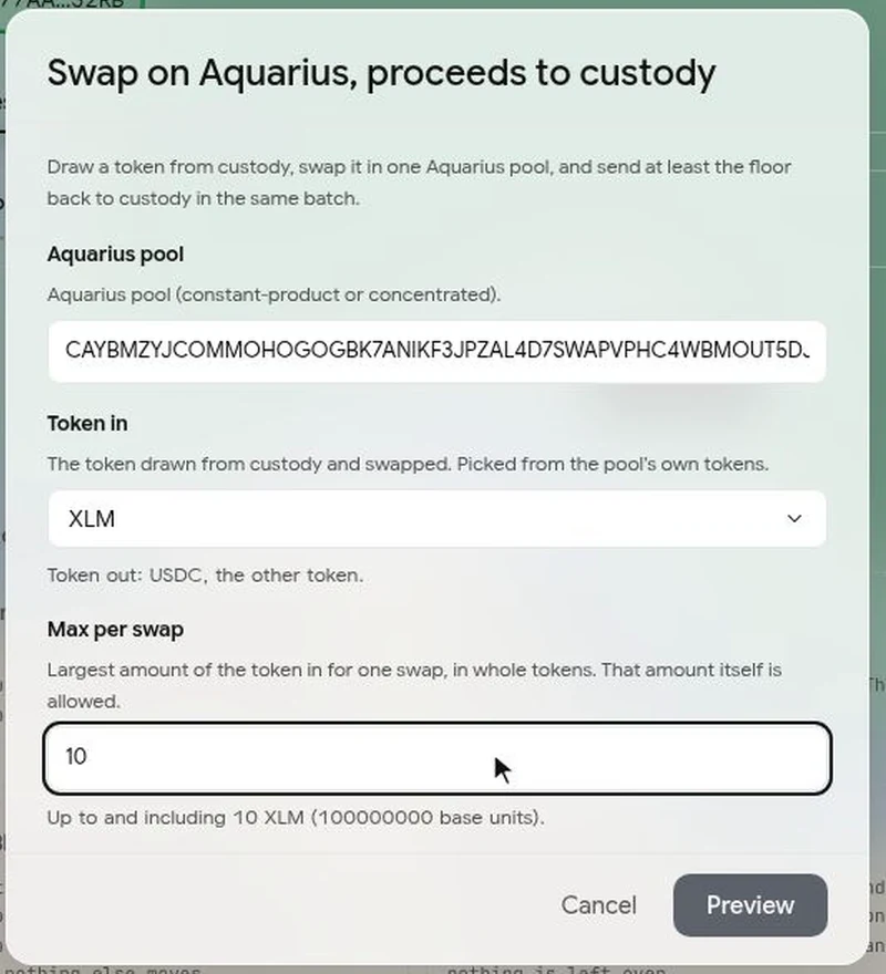 The template form with the pool, XLM as the token in and 10 XLM per swap